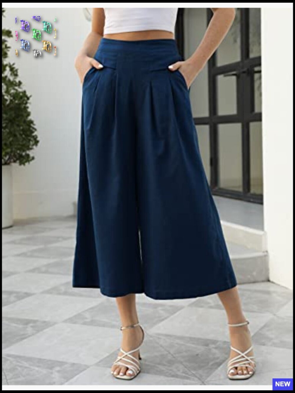 Wide Leg Linen Blend Palazzo Trousers with Pockets Cropped - Picture 3 of 7